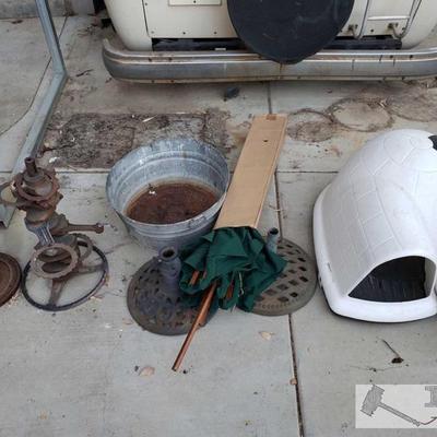 2511: 2511: 2 Custom Car Part Flower Pot Holders, Umbrella and 2 Stands, Dogloo, and Water Bowls
2 Custom Car Part Flower Pot Holders,...