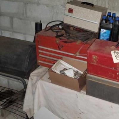 2520: Lot of Six Tool Boxes, Misc parts and tools, BBQ, and One Vintage Car Lift
Lot of Six Tool Boxes, Misc parts and tools, BBQ, and...