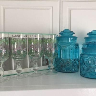 Hand painted goblets, L E Smith Blue Moon and Stars Canisters