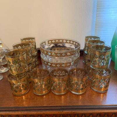Mid century Culver Valencia glassware...18 glasses, 2 salad bowls
