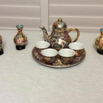 MMT003 Miniature Cloisonné Vases & Porcelain Tea Set