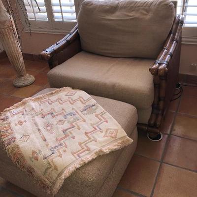 -- Simmons Colonial Plantation Style Wicker and Bamboo Wood Upholstered Chair w/Ottoman -  $120 - (41W  41D)
