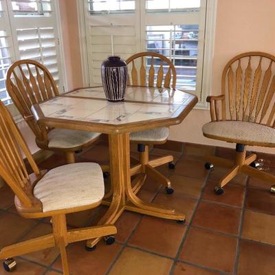 -- Southwest-Inspired Six-Sided Pedestal Tile-Top Dinette w/4 Caster Chairs - $95 - (35W  37L w/o 18
