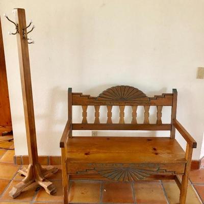 -- Carved Wood Southwest-Inspired Bench w/Arms - $195 - (42L  18W  38H) 
-- Wood Hat/Coat Tree - $35 (64H)