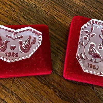  1985 Two Turtle Doves and 1982 Partridge in a Pear Tree ornaments. Waterford 12 days of Christmas ornaments. $75 each