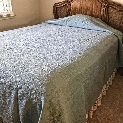 Headboard, mattress, box spring and frame @ $200. Blue MatelassÃ© Coverlet made in Portugal. New. Shown on Queen bed. $50 