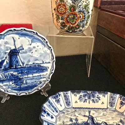 Delft Blue and Polycroom handwerk pottery. Planter $30. Dishes $10 each.