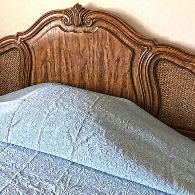 Headboard, mattress, box spring and frame @ $200. Blue coverlet made in Portugal. New. Shown on Queen bed. $50 