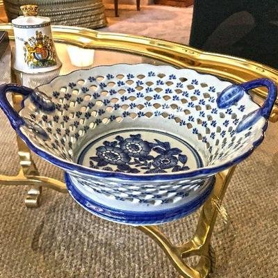 Blue and white bowl with handle. No marking. $20