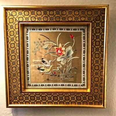 Chinese framed silk embroidery of ducks and flowers $50