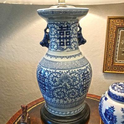Chinese porcelain blue and white lamp base with lamp shade. $60