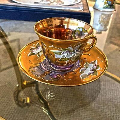 Handpainted glass cup and saucer $15