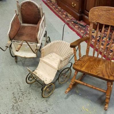 Atq Doll Carriages and Vtg Rocker