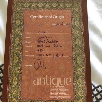 Certificate of antique rug