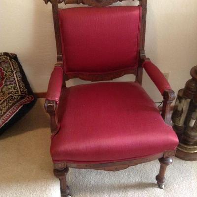 Victorian chair recovered -  top wood damaged but easily fixed.
