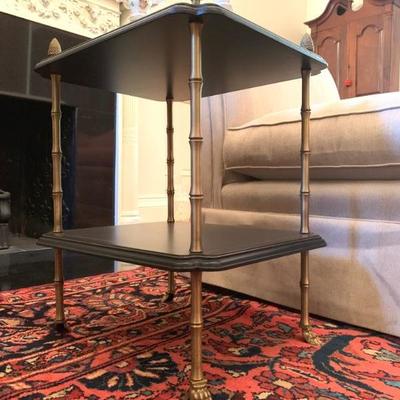 Two Tiered Stand with Brass Supports, Acorn Finial and Claw Foot, Made in Italy