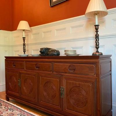 Chinoiserie Dining Room Suite, Medallion Decorated Sideboard with Brass Hardware