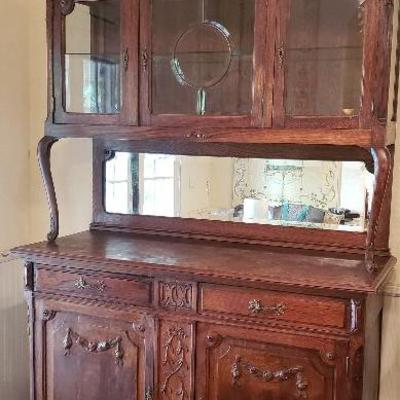 Antique Victorian French Style Carved Oak Sideboard Buffet Hutch Mirror Back