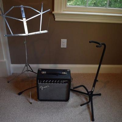 Fender Champion 20 practice amp, folding music stand, guitar stand