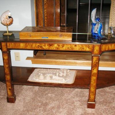 long burl wood with glass top hall - sofa table   BUY IT NOW