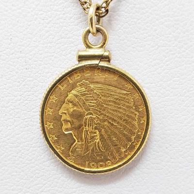 496: 	
1908 Indian Head $2.50 Gold Coin on a chain
1908 Indian Head $2.50 Gold Coin on a chain weighs approx 8.8g measures approx 15