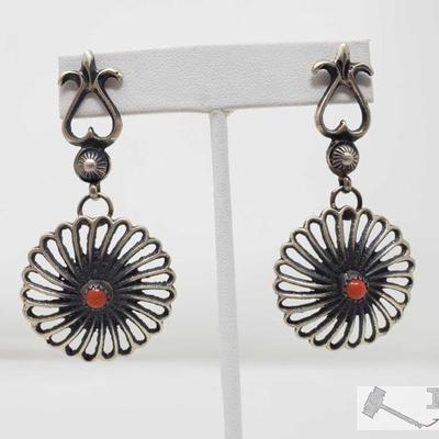 320: 	
Signed by Artist Navajo Sterling Silver & Coral Dangle Earrings
Navajo Sterling Silver & Coral Dangle Earrings One of a Kind...