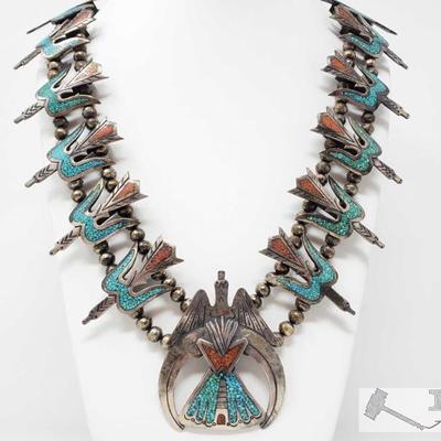 250: Old Pawn Turquoise and Coral Squash Blossom Necklace, 271.2g
Measures approx. 16