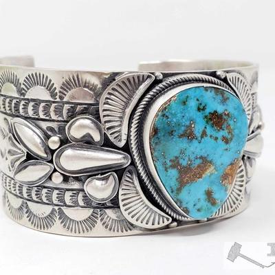 280: Sheila Tso Candelaria Turquoise Heavy Stamp Bump Out, 102.3g
Sterling Silver | Genuine Candelaria Turquoise | Sheila Tso Candelaria...