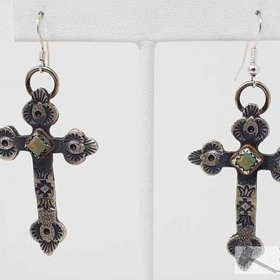 331: 	
Turquoise & Sterling Silver Navajo Cross Earrings, 14.5g
Green Turquoise & Sterling Silver cross earrings. These are handmade by...