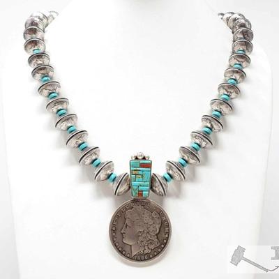 17: 	
Vintage Mercury Dime Beads Morgan Dollar Large Necklace, 213.8g
Sterling Silver | Genuine Turquoise & Coral | Vintage Mercury Dime...