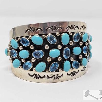 281: Vintage Sleeping Beauty Turquoise & Blue Topaz Sterling Silver Cuff Bracelet, 68.5g
Sterling Silver | Genuine Sleeping Beauty...