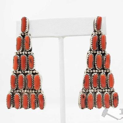 324: 	
Navajo Sterling Silver & Coral Dangle Earrings, 20g
These great Navajo Natural Coral & Sterling Silver. They are 2 1/2 inches long...