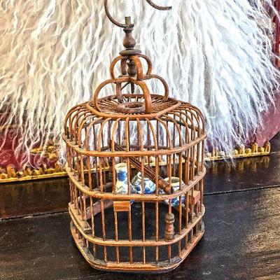 Antique Chinese bird cage with porcelain containers. 9