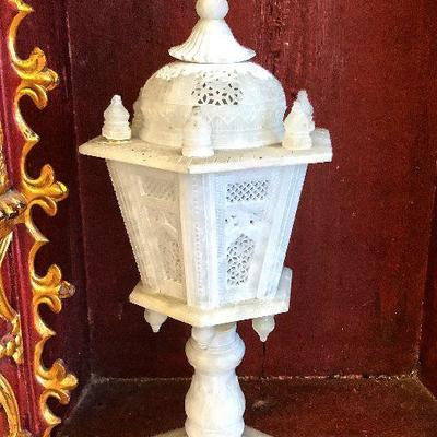 Middle Eastern alabaster fire & transparent hand-carved lamp. Very detailed and lots of work. Charming. Estate sale price: $250