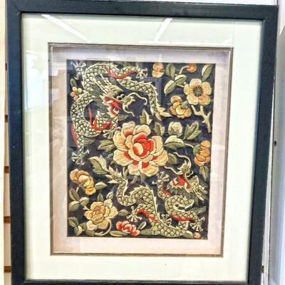 Framed Chinese antique embroidery on silk. Image of 2 dragons playing with a peony flower. Embroidery piece from late 1800's. Estate sale...