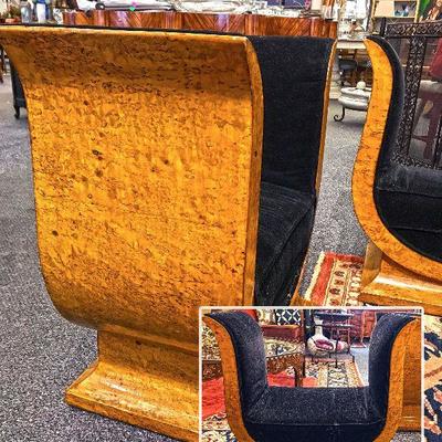 Two (2) 1920s French deco style gondola seats made with birds eye maple. Estate sale price: $600 each