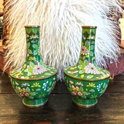 A pair of unusually shaped cloisonne vases. Beautiful shape. Vegetation, flowers and butterfly. 8.5