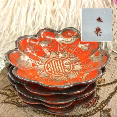 Japanese antique 9-petal dish with fine silver overlay. Set of 5. Signed. Estate sale price $325
