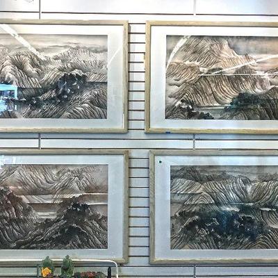 Four Landscapes by Li Zhizhang (b. 1951). Each piece is ink on paper, then framed and glazed. Size: 50