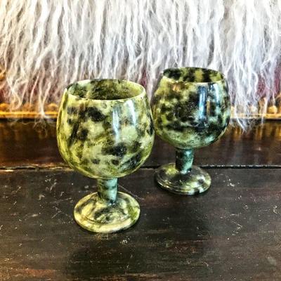 Tiny stemmed glasses carved out of serpentine. $20 for the pair.