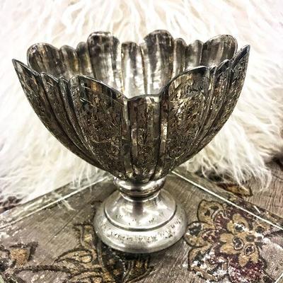 Small ruffled and etched pewter bowl on pedestal.
