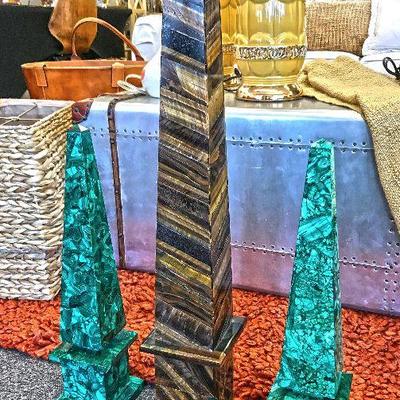 Two Malachite (mosaic) towers and one Tiger Eye obelisk. The Malachite obelisks are 18 inches tall and the Tiger Eye tower is 20.5