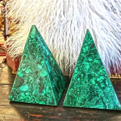 Malachite pyramids (8 inches tall). Good condition with some wear. Estate sale price: $325 each