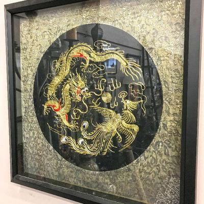 Dragon and Phoenix embroidery in gold thread framed with Chinese fabric. Estate sale price: $150