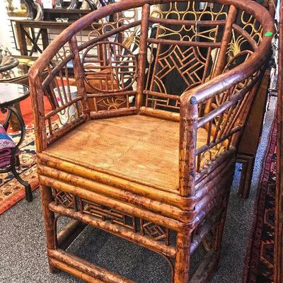 Bamboo horseshoe chair with elaborate lattice work. No nails used, only wooden pegs. Estate sale price: $250