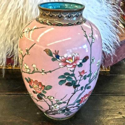 Unique Japanese antique pink cloisonne vase with cherry blossoms. Lovely piece in fairly good condition. 10.5