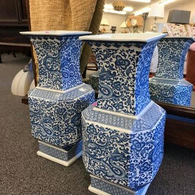 Tall blue and white dragon vases with marking. 17