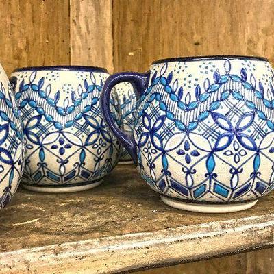 Hand made coffee cups (6 cups total). Made in Servin, Mexico. Complete set. Coffee pot with 6 cups and lidded sugar bowl: $120