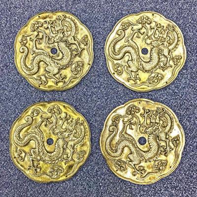 Four (4) brass ceiling roses with Chinese dragon designs. Identical. 13