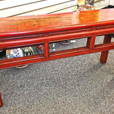 Old Chinese red lacquered bench. Excellent condition. $350